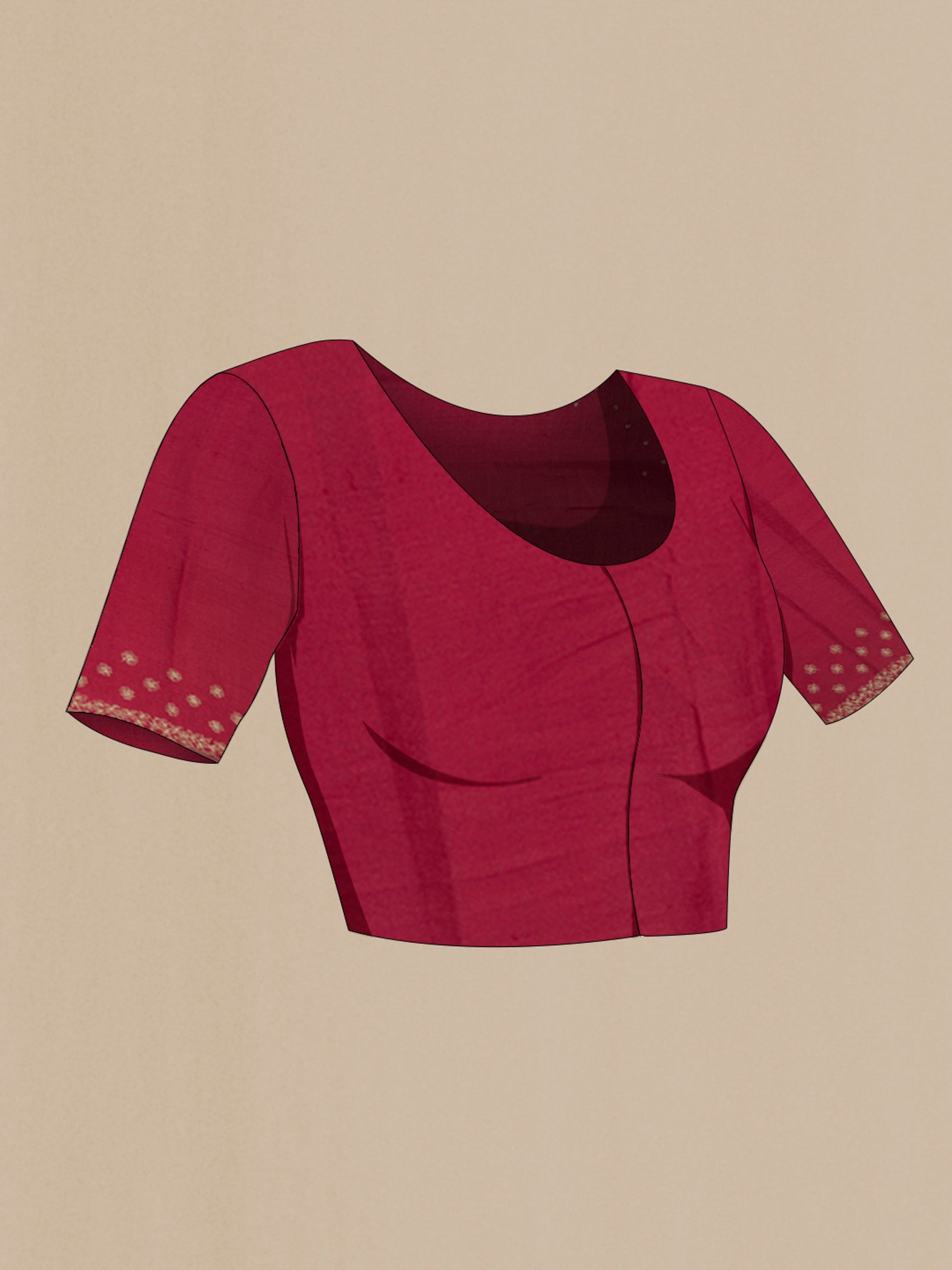 Close up image of the blouse of Maroon Tussar Silk Saree with Embroidery on the body and Embroidery Border. 
