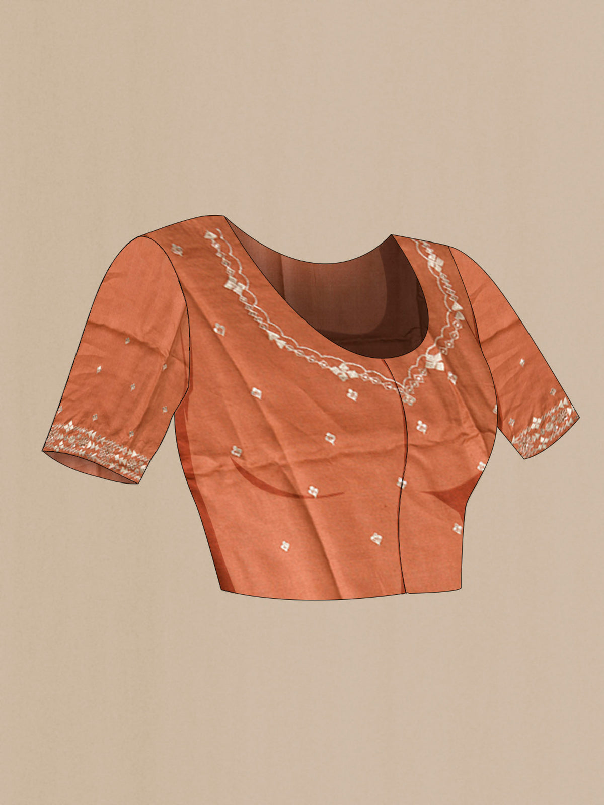 Close up image of the blouse of Rust Bhagalpuri Tussar Silk Saree with Embroidery on the body and Embroidery Border