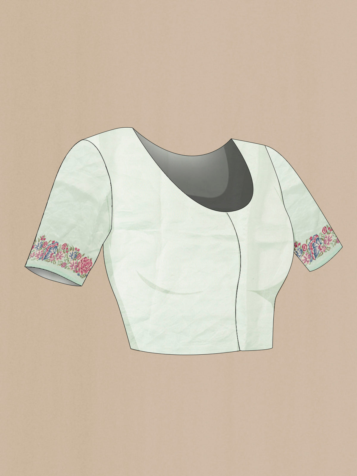 Close up image of the blouse of Mint Green Tissue Silk Saree with Zari Brocade on the body and Embroidery Border