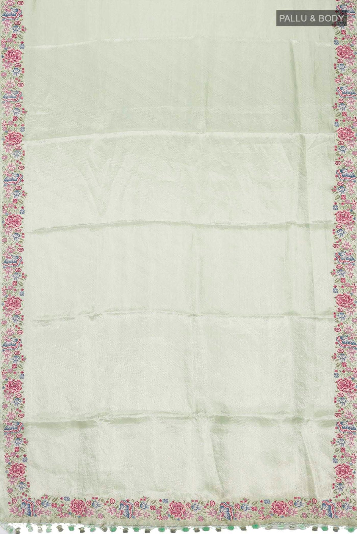 Flat view of Mint Green Tissue Silk Saree with Zari Brocade on the body and Embroidery Border