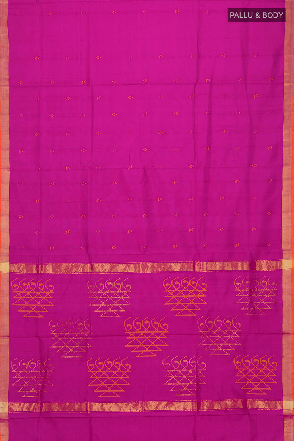 Flat view of Magenta Uppada Silk Saree with Thread Butta on the body and Zari Border