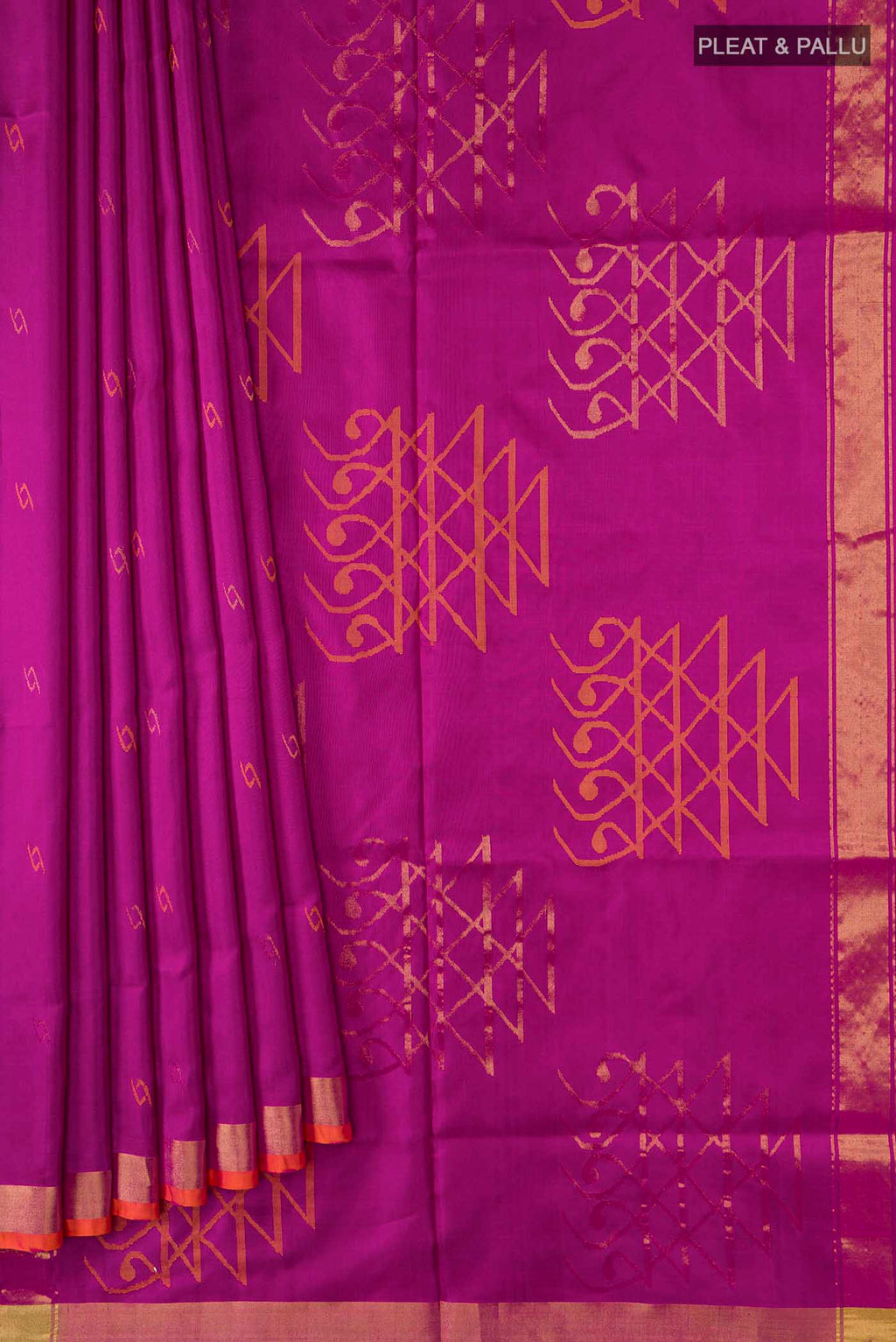 Pleats and pallu of Magenta Uppada Silk Saree with Thread Butta on the body and Zari Border