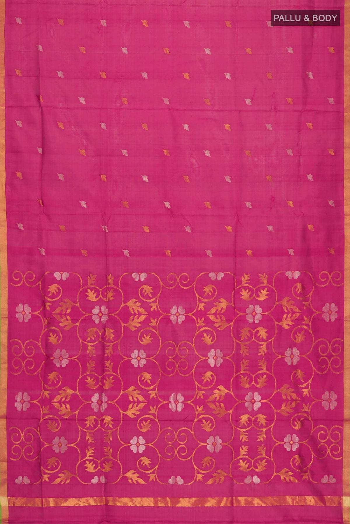 Flat view of Pink Uppada Silk Saree with Zari Butta on the body and Zari Border
