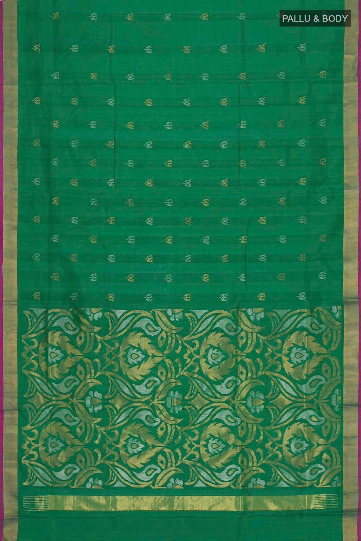 Flat view of Green Uppada Silk Saree with Zari Butta on the body and Zari Border