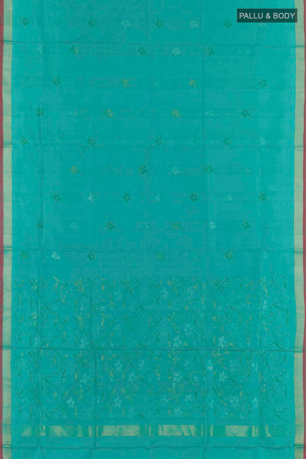 Flat view of Turquoise Uppada Silk Saree with Zari Butta on the body and Zari Border