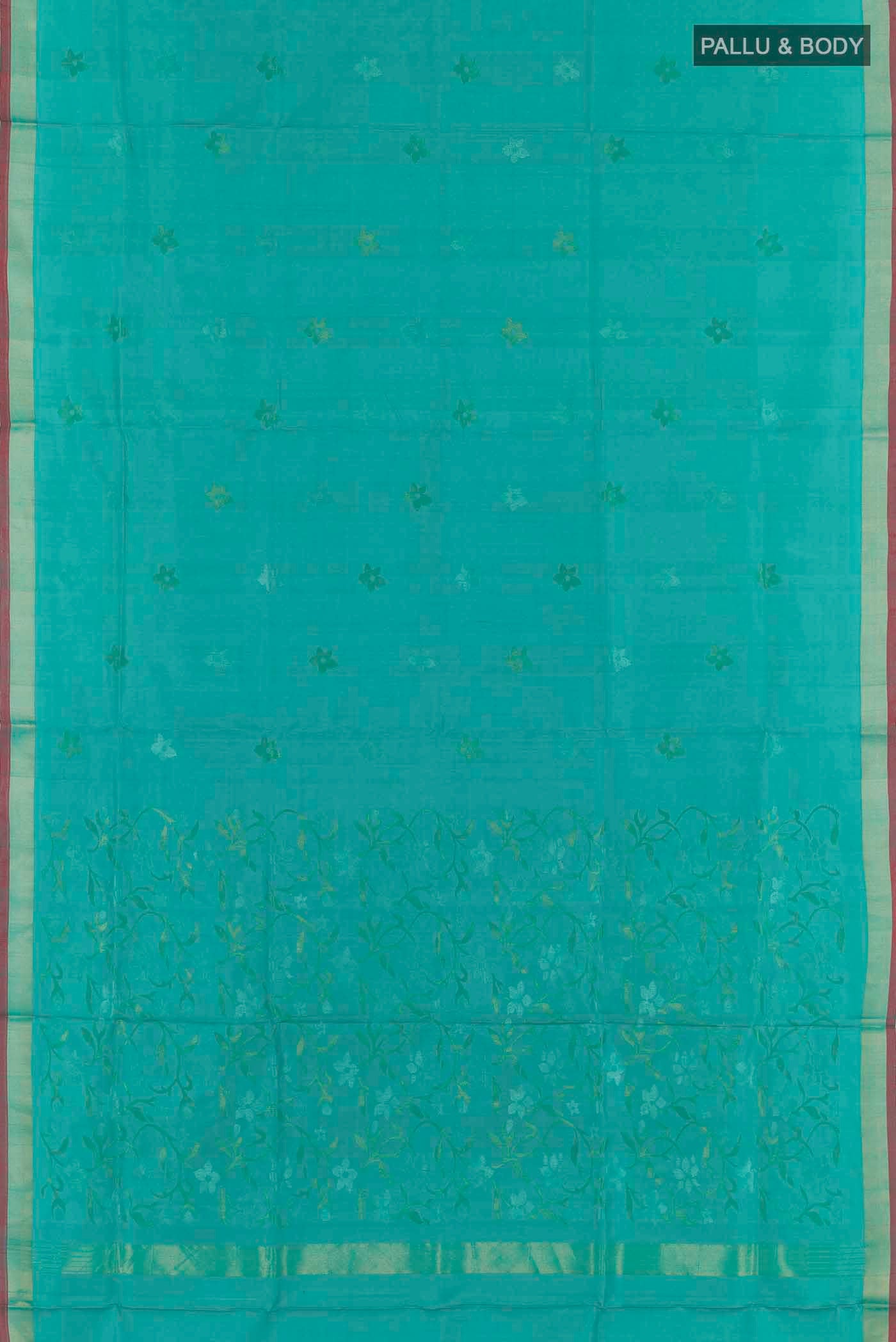 Flat view of Turquoise Uppada Silk Saree with Zari Butta on the body and Zari Border