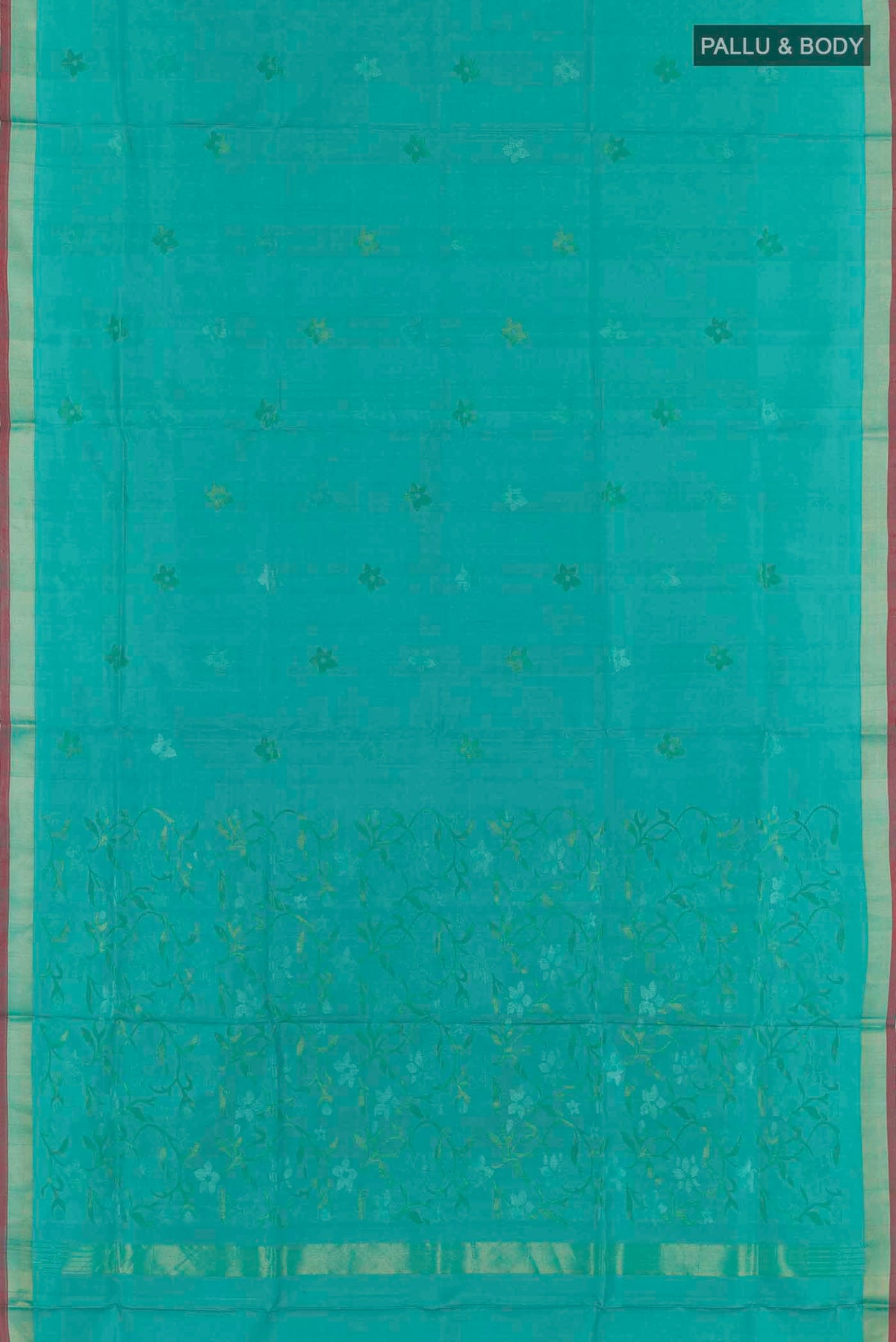 Flat view of Turquoise Uppada Silk Saree with Zari Butta on the body and Zari Border