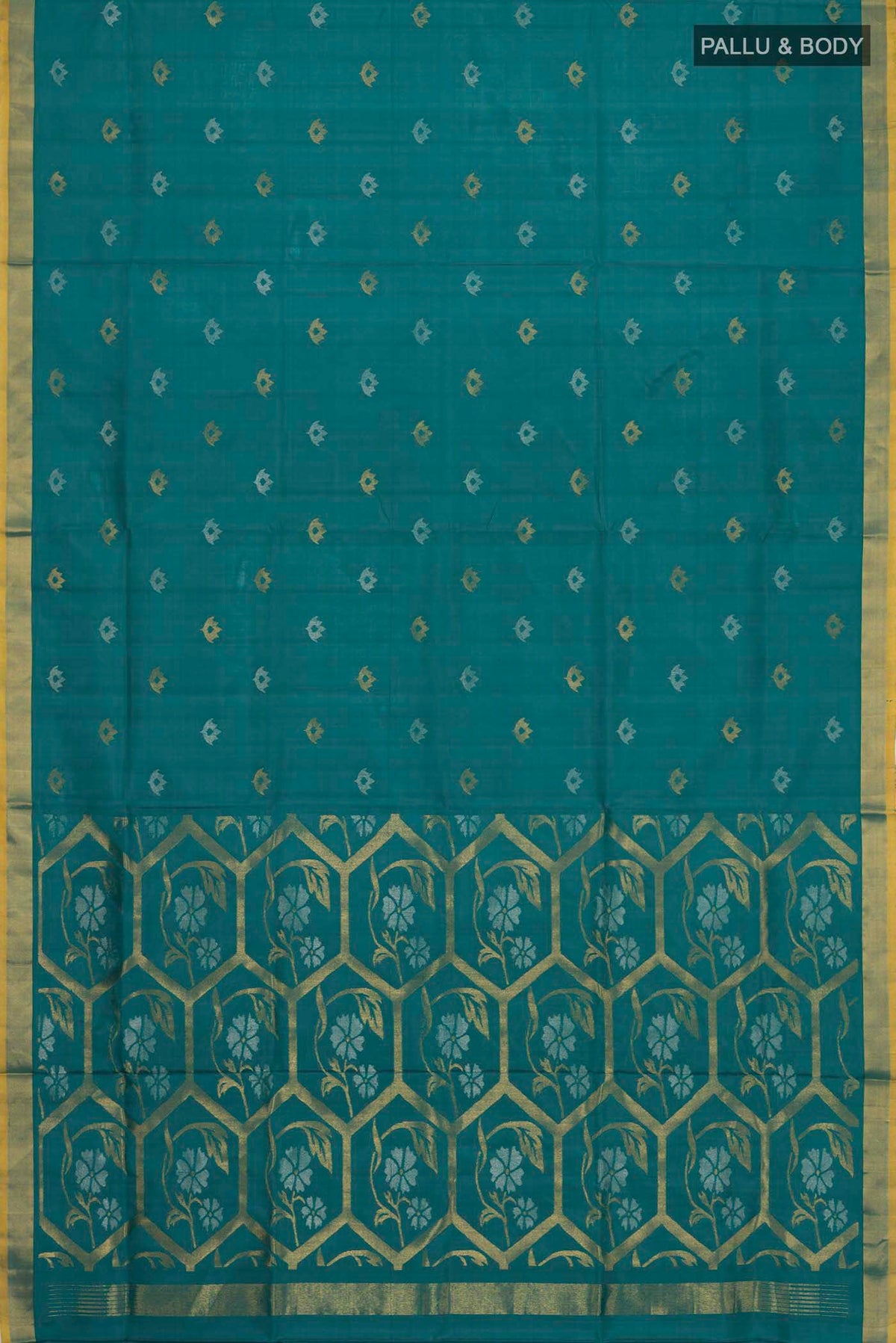 Flat view of Blue Uppada Silk Saree with Zari Butta on the body and Zari Border