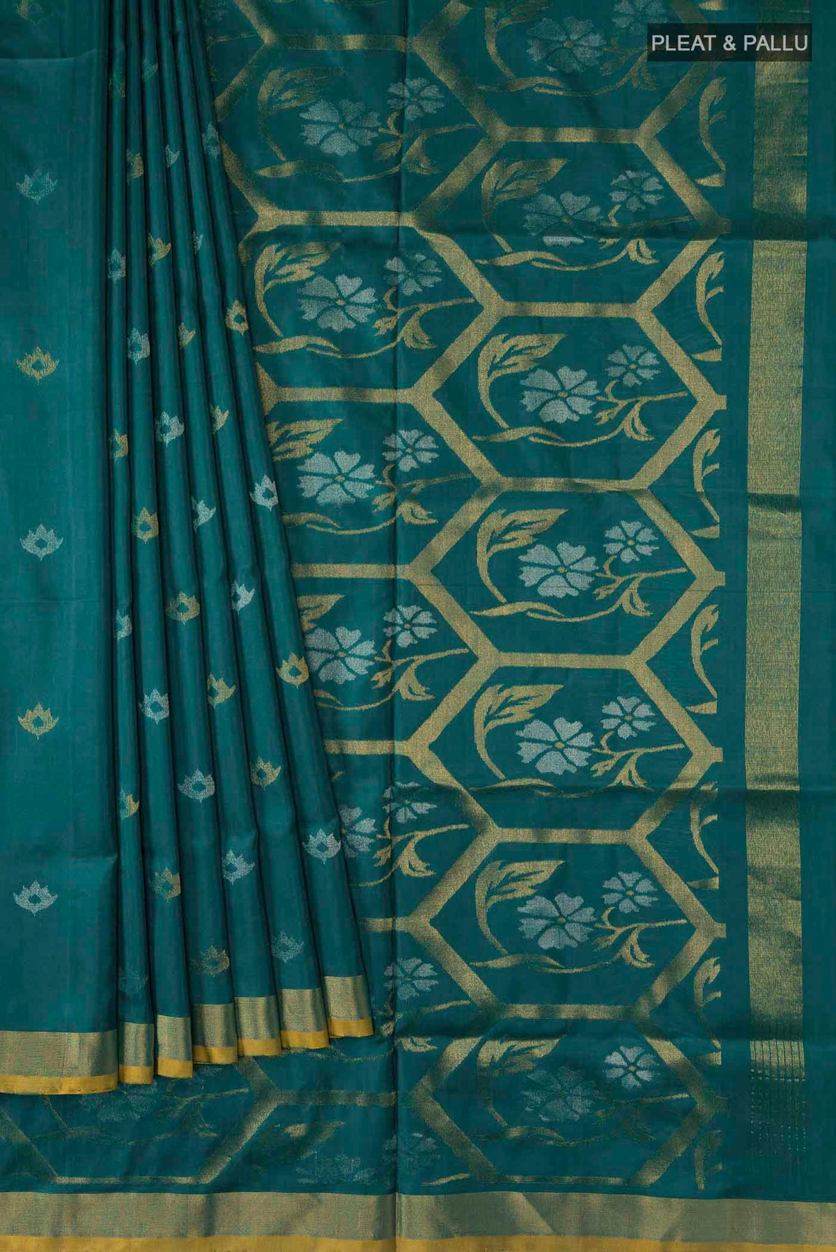 Pleats and pallu of Blue Uppada Silk Saree with Zari Butta on the body and Zari Border