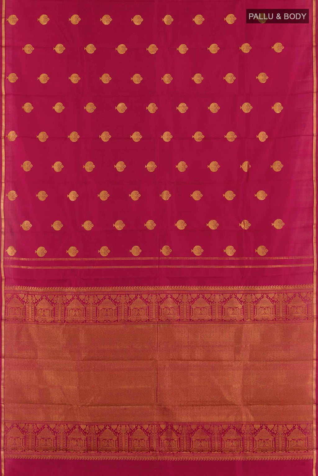 Flat view of Maroon Dual Tone Kanjivaram Silk Saree with Zari Butta on the body and Zari Border. 