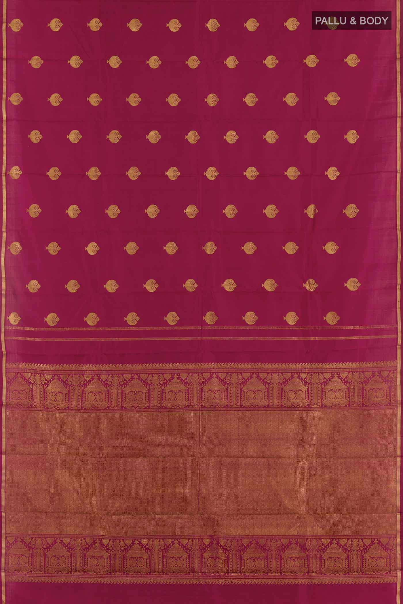 Flat view of Maroon Dual Tone Kanjivaram Silk Saree with Zari Butta on the body and Zari Border. 
