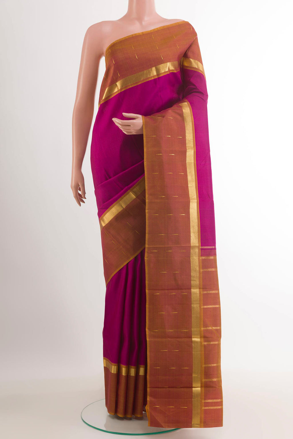 Purple Kanjivaram Silk Saree with Plain Body and Zari Border.  displayed on a mannequin