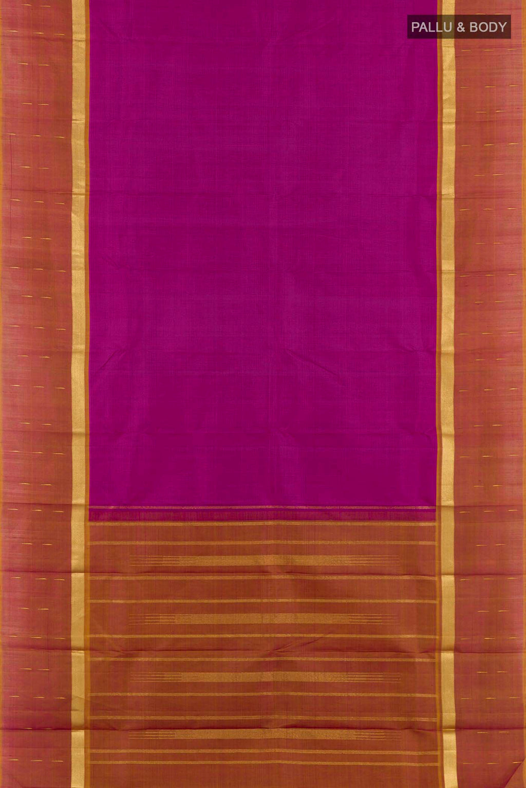 Flat view of Purple Kanjivaram Silk Saree with Plain Body and Zari Border. 