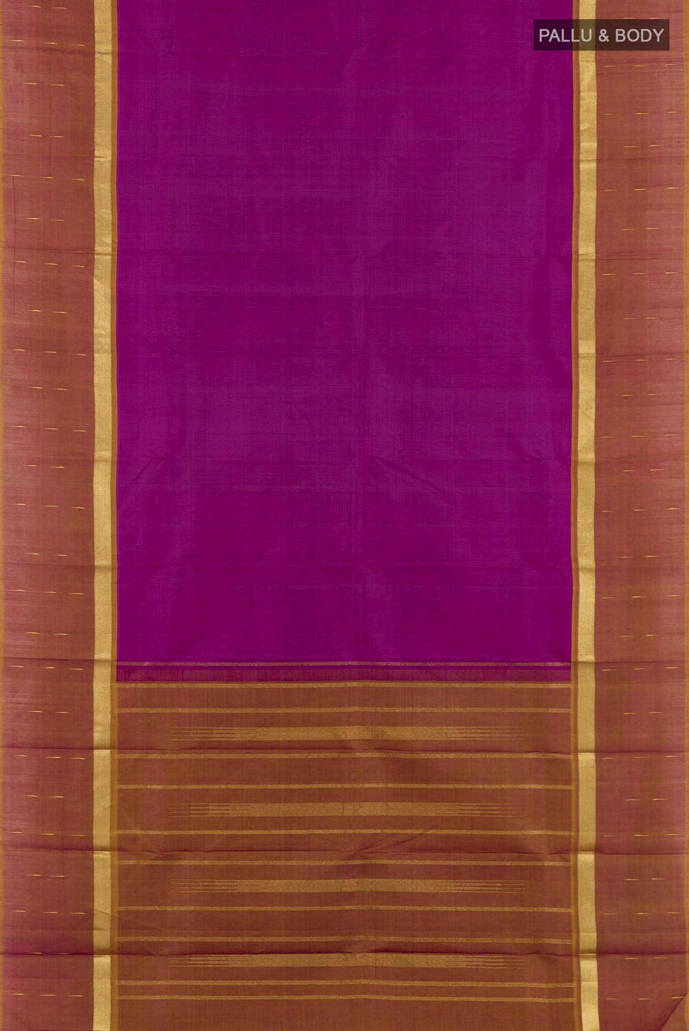 Flat view of Purple Kanjivaram Silk Saree with Plain Body and Zari Border. 