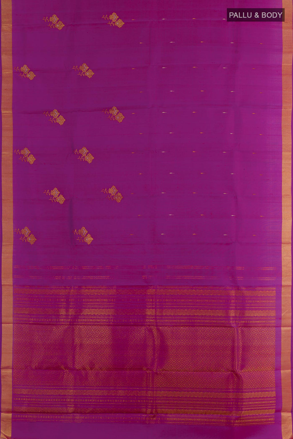 Flat view of Purple Kanchipuram Silk Saree with Zari Butta on the body and Zari Border. 