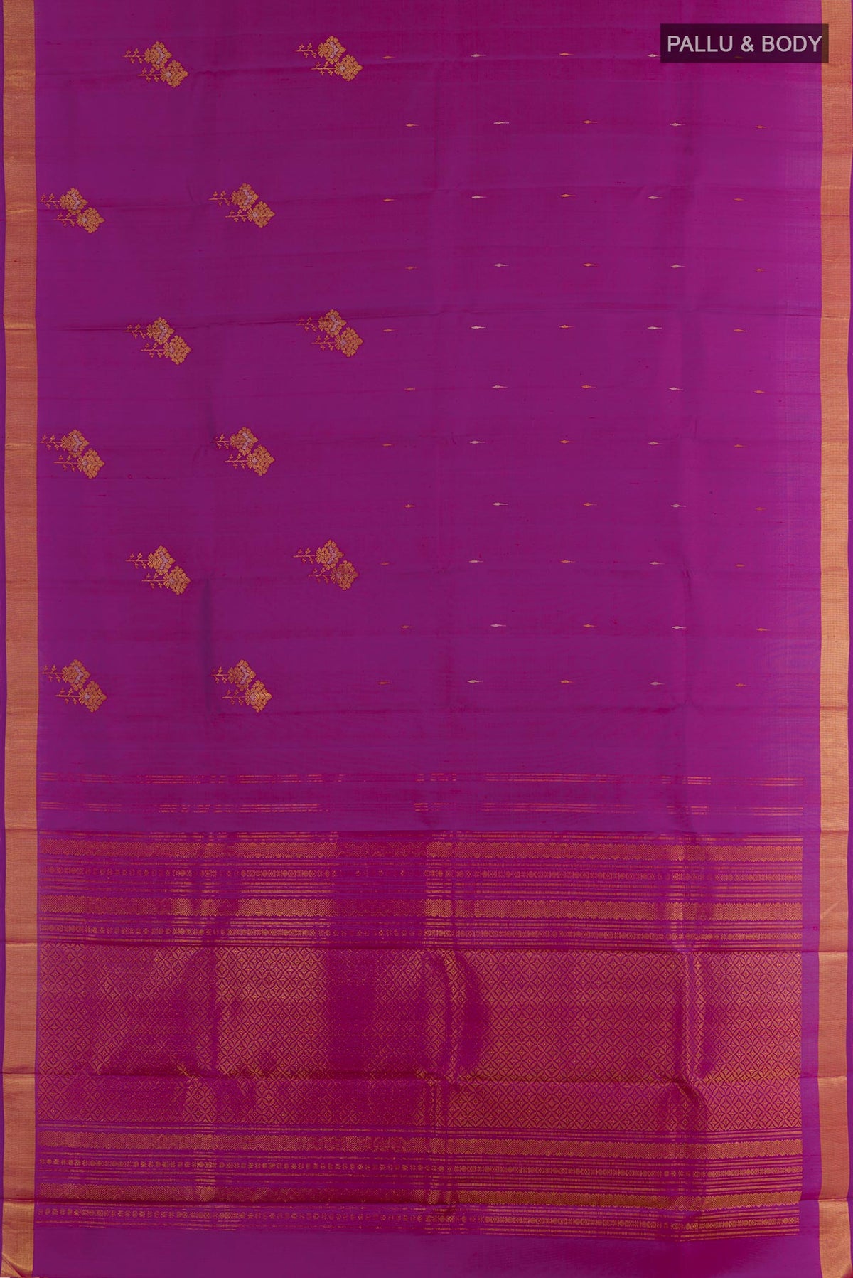 Flat view of Purple Kanchipuram Silk Saree with Zari Butta on the body and Zari Border. 