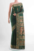 Green Baluchari Silk Saree with Zari Butta on the body and Zari Border displayed on a mannequin