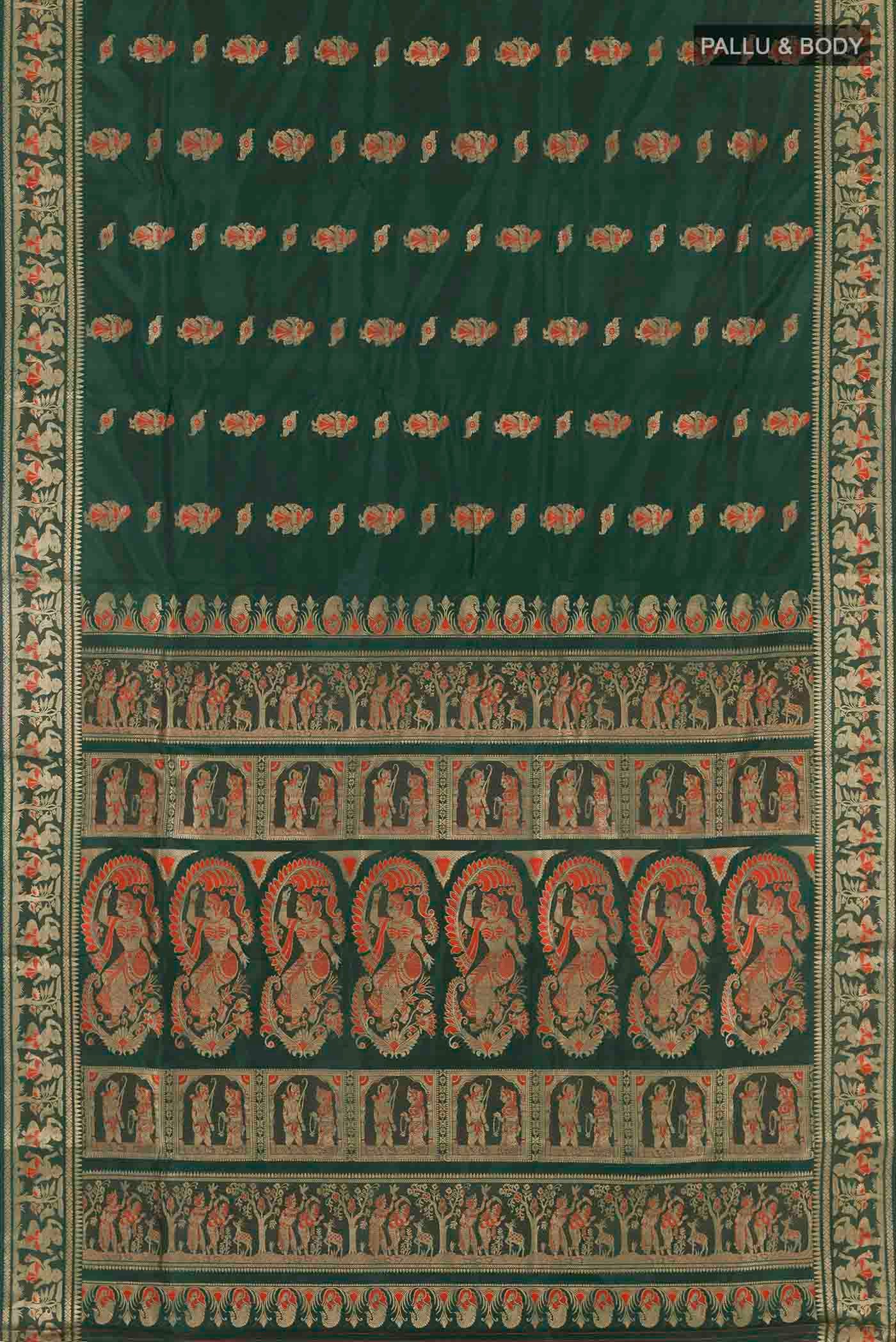 Flat view of Green Baluchari Silk Saree with Zari Butta on the body and Zari Border