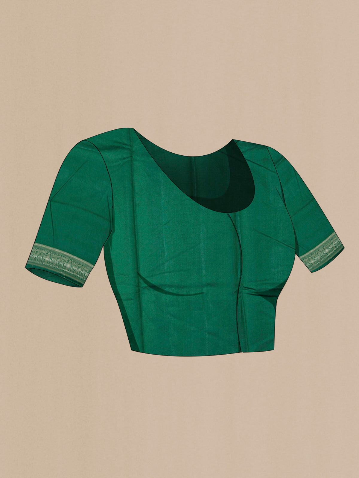 Close up image of the blouse of Green Banarasi Raw Silk Saree with Zari Butta on the body and Zari Border