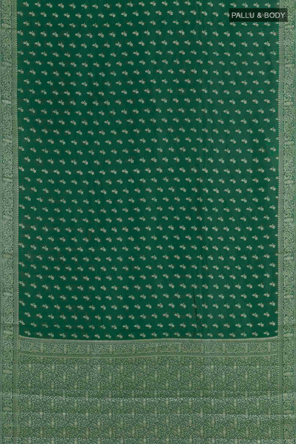 Flat view of Green Banarasi Raw Silk Saree with Zari Butta on the body and Zari Border
