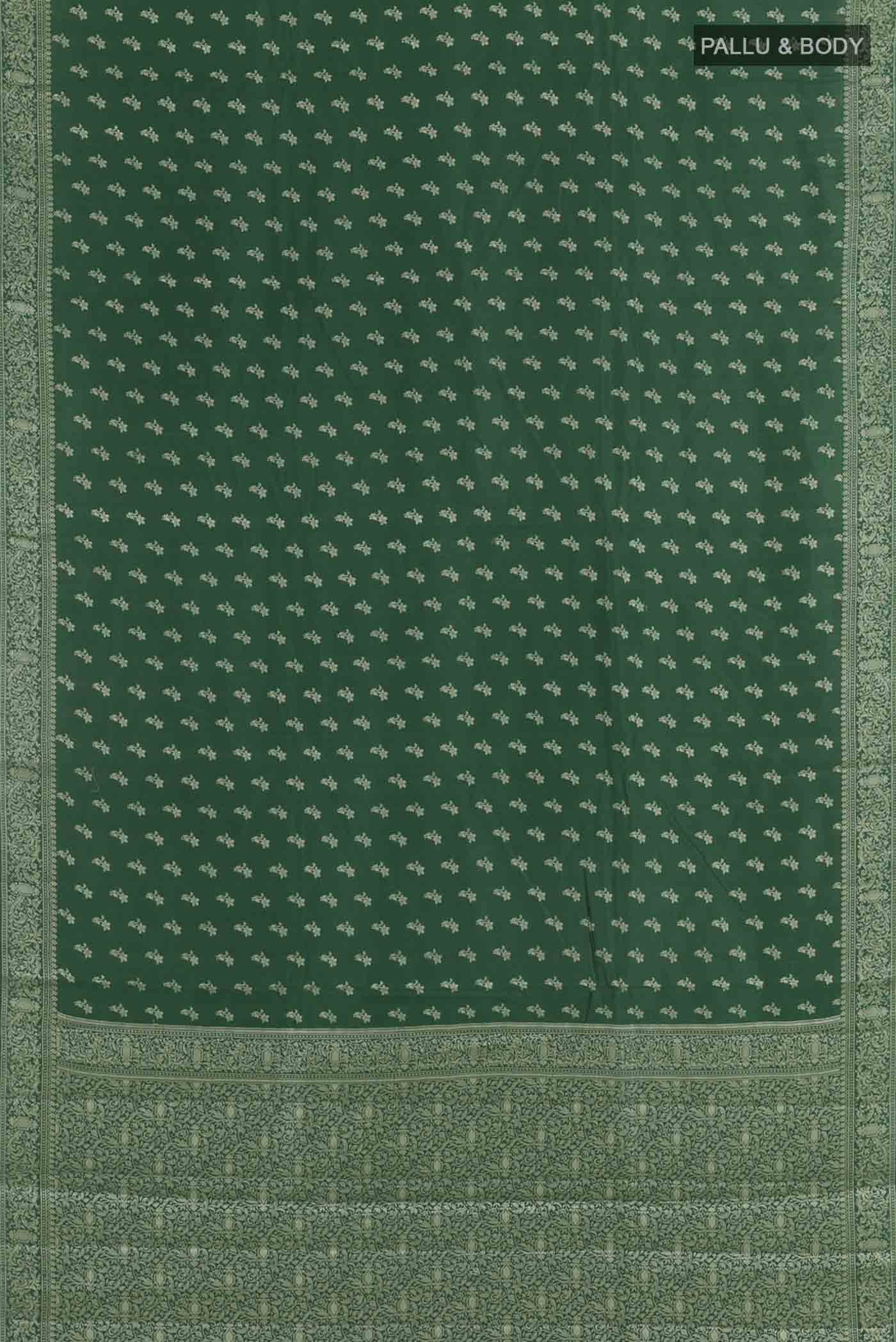 Flat view of Green Banarasi Raw Silk Saree with Zari Butta on the body and Zari Border