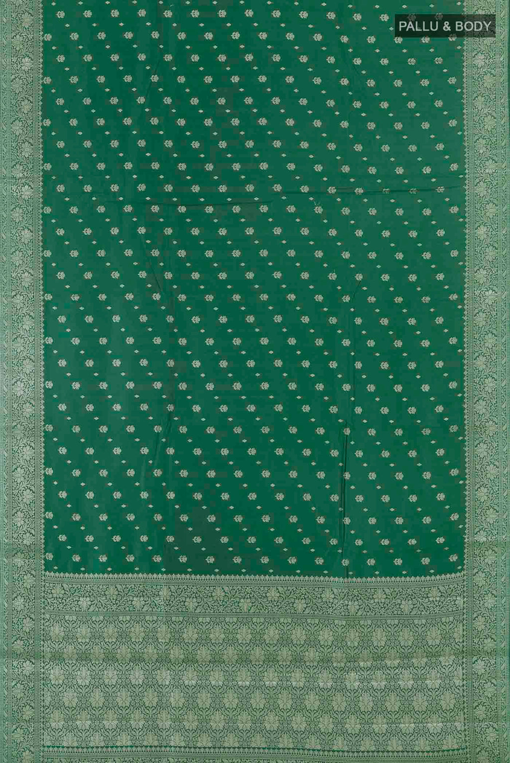 Flat view of Green Banarasi Raw Silk Saree with Zari Butta on the body and Zari Border