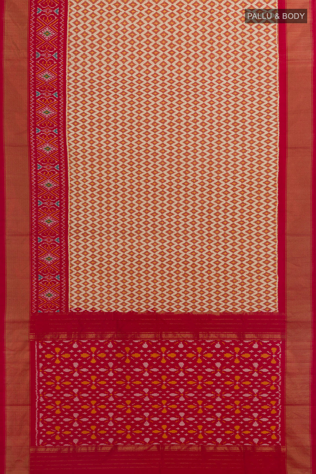Flat view of Cream Pochampally Silk Saree with Pure Ikat on the body and Zari Border. 