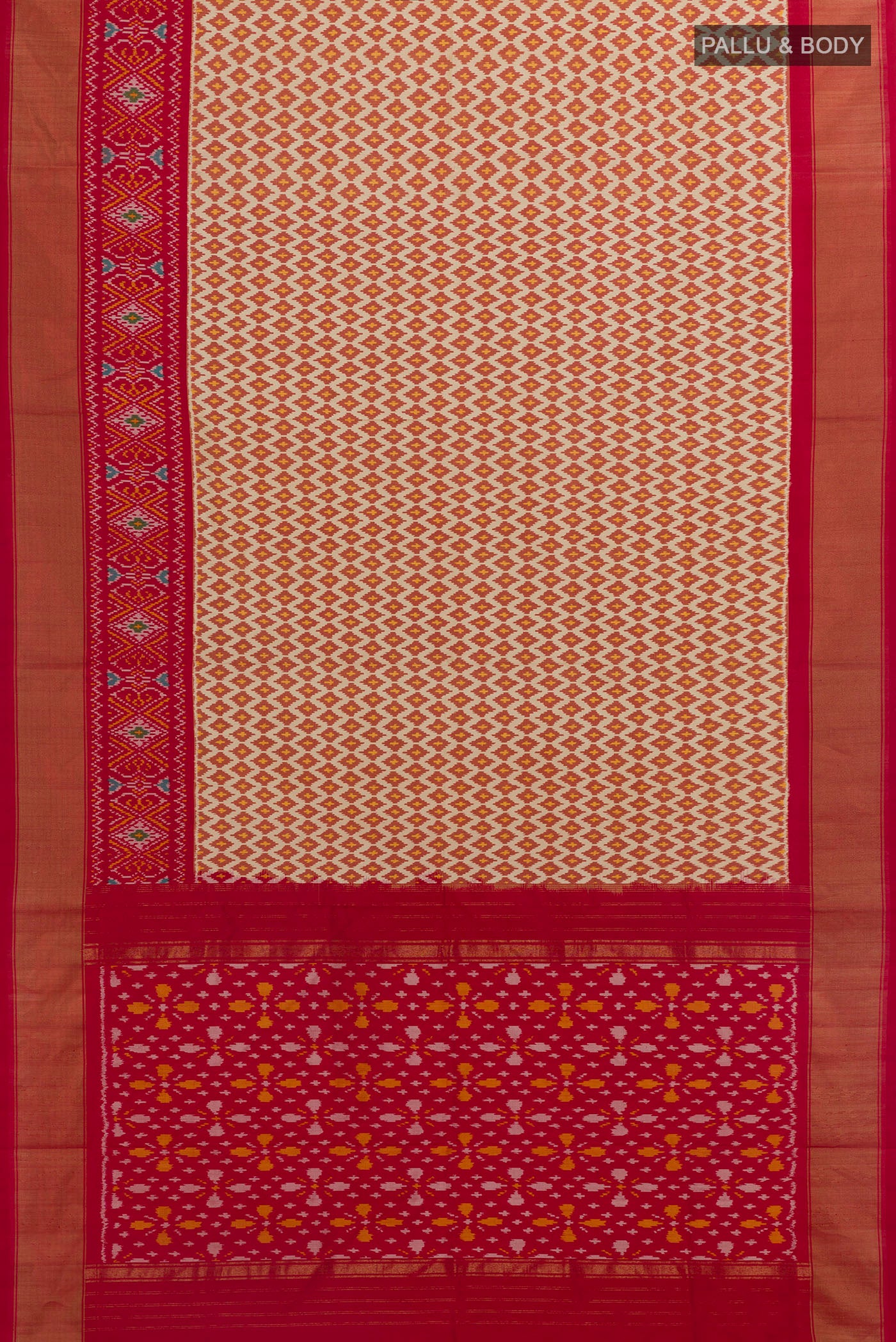 Flat view of Cream Pochampally Silk Saree with Pure Ikat on the body and Zari Border. 