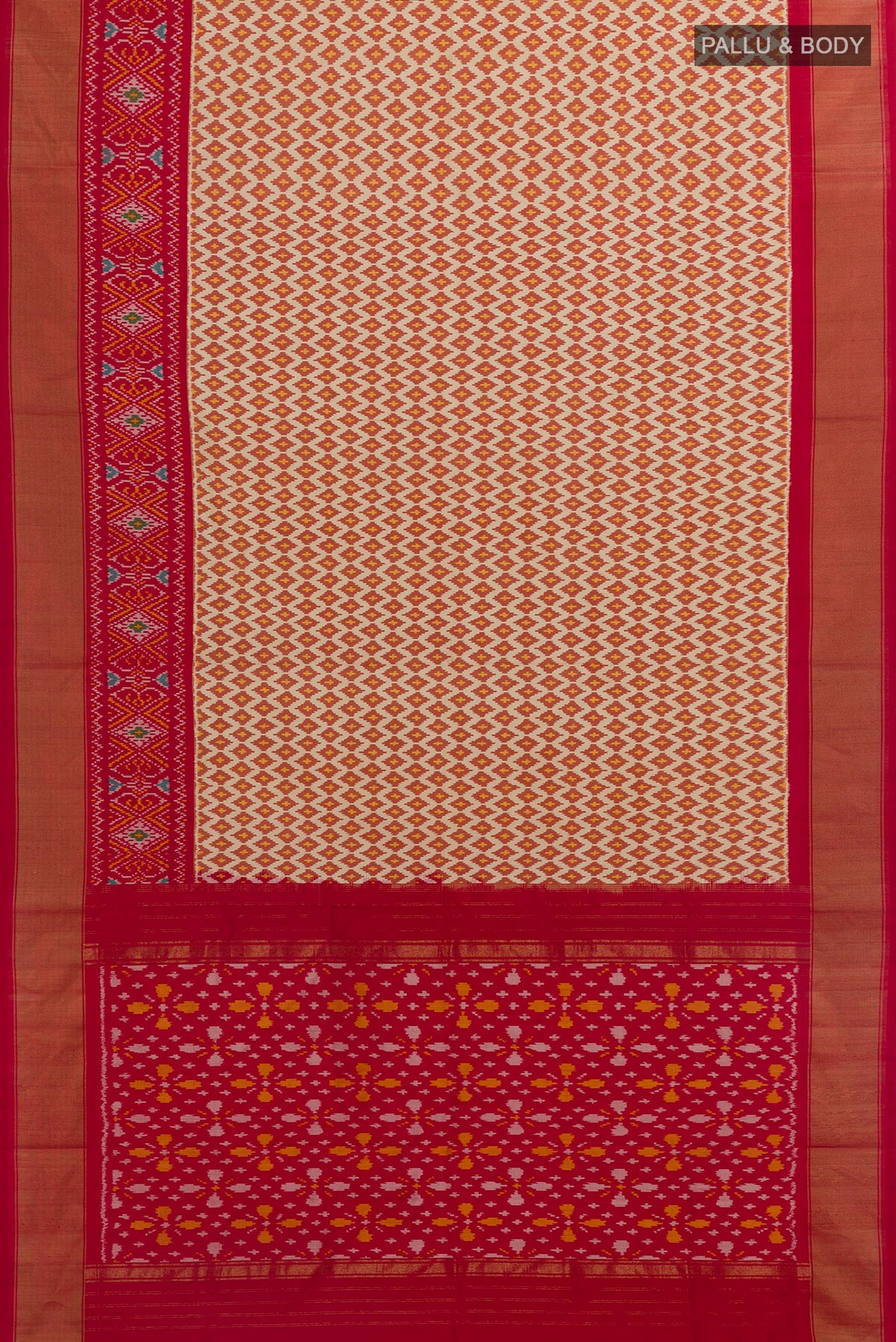 Flat view of Cream Pochampally Silk Saree with Pure Ikat on the body and Zari Border. 
