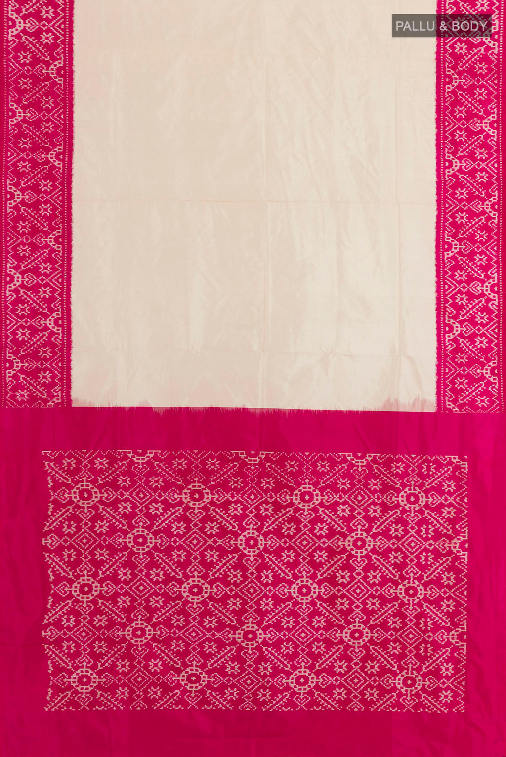 Flat view of Off White Pochampally Silk Saree with Plain Body and Ikat Border. 
