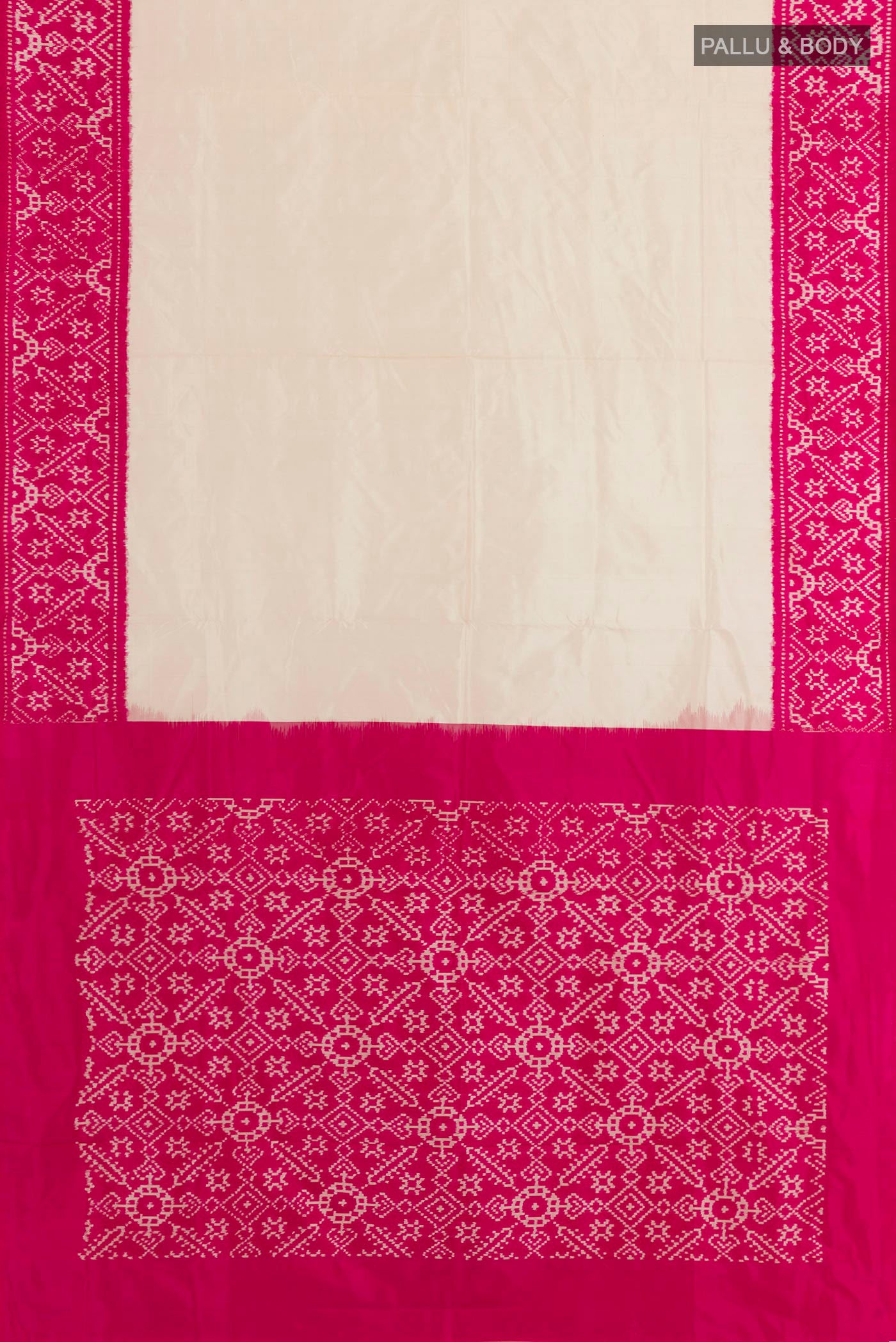 Flat view of Off White Pochampally Silk Saree with Plain Body and Ikat Border. 