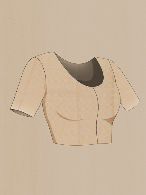 Close up image of the blouse of Beige Blended Kota Cotton Saree with Stripes on the body and Zari Border