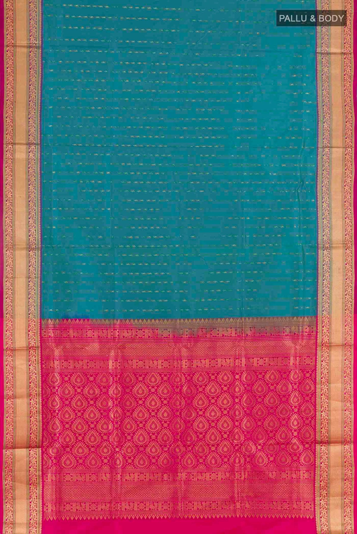 Flat view of Blue Soft Silk Saree with Stripes on the body and Zari Border