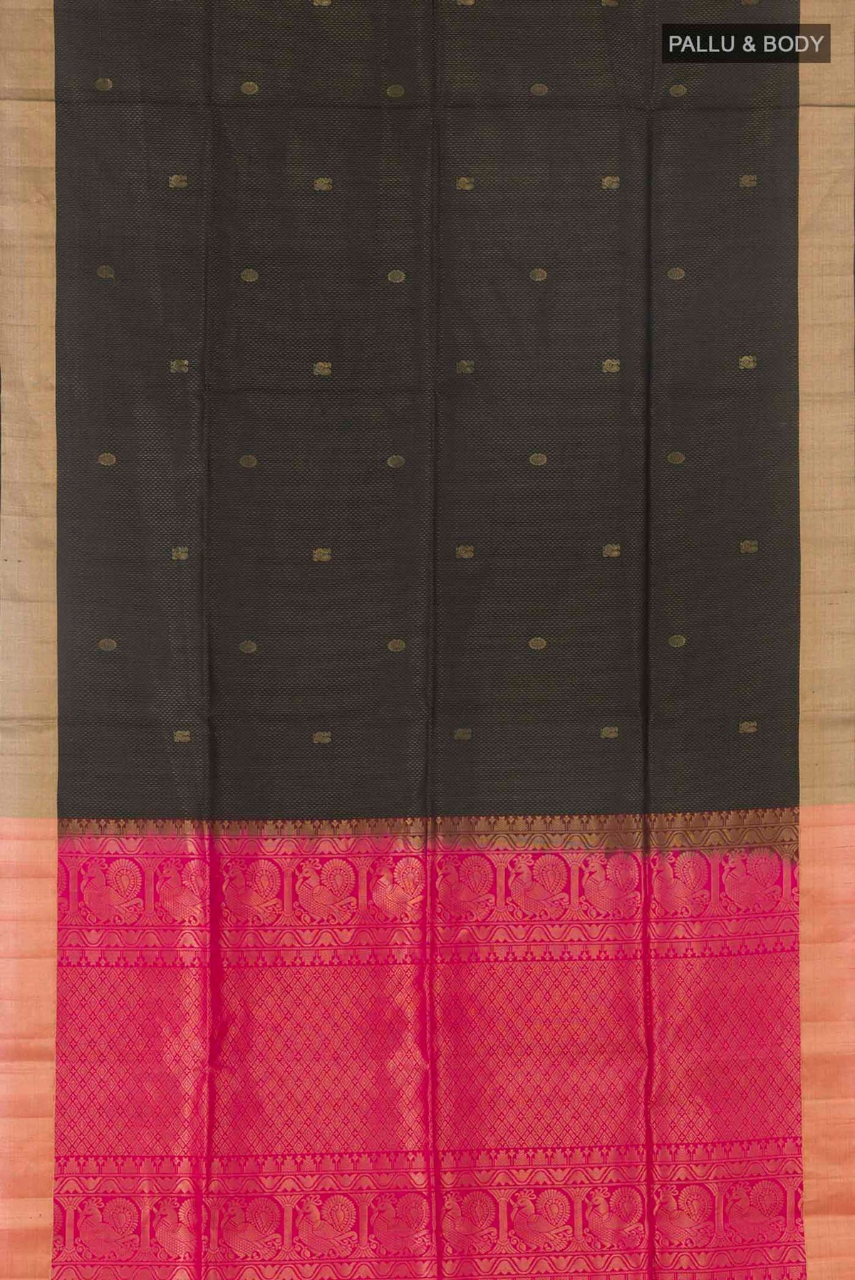 Flat view of Black Soft Silk Saree with Zari Butta on the body and Zari Border