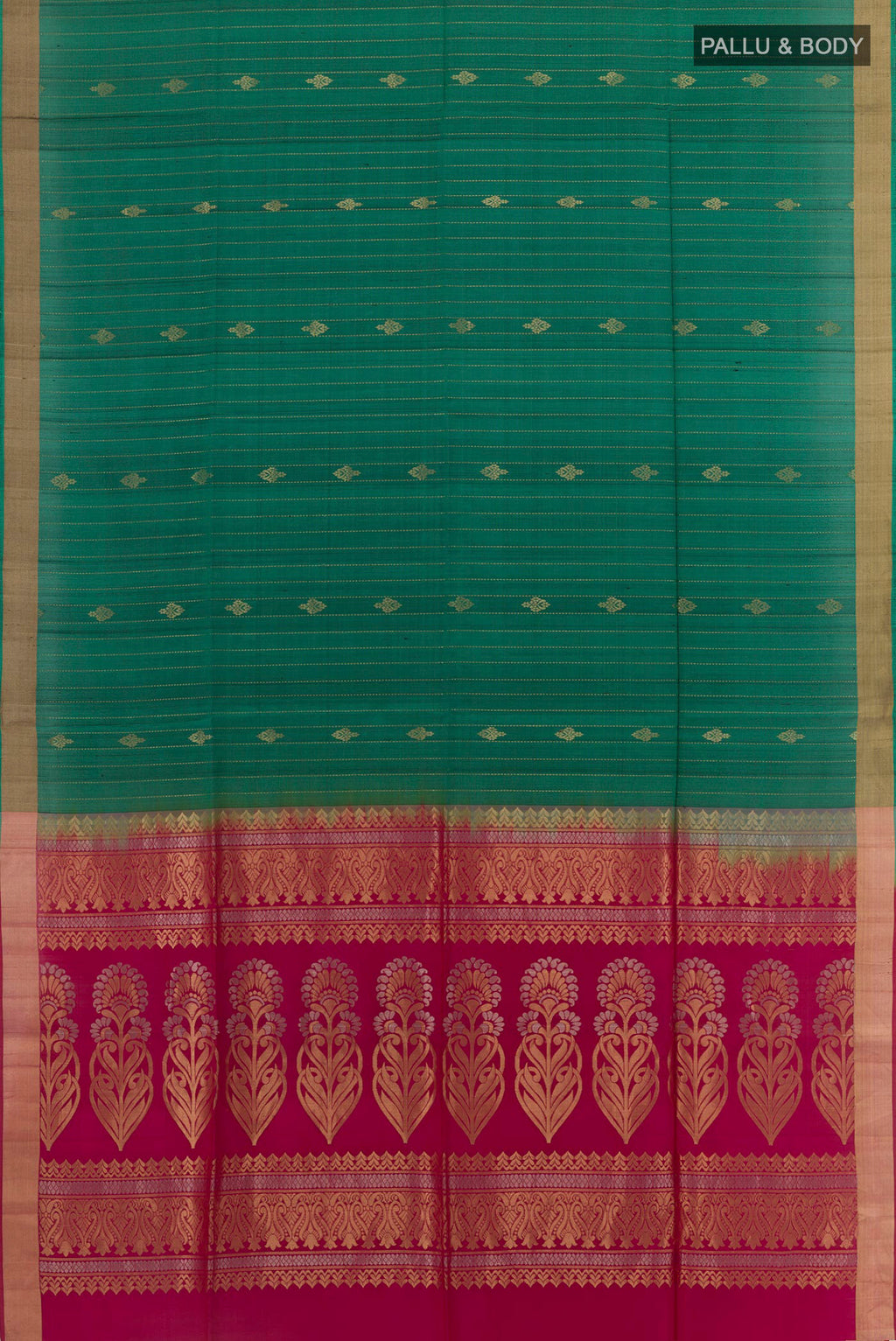 Flat view of Green Soft Silk Saree with Stripes on the body and Zari Border. 