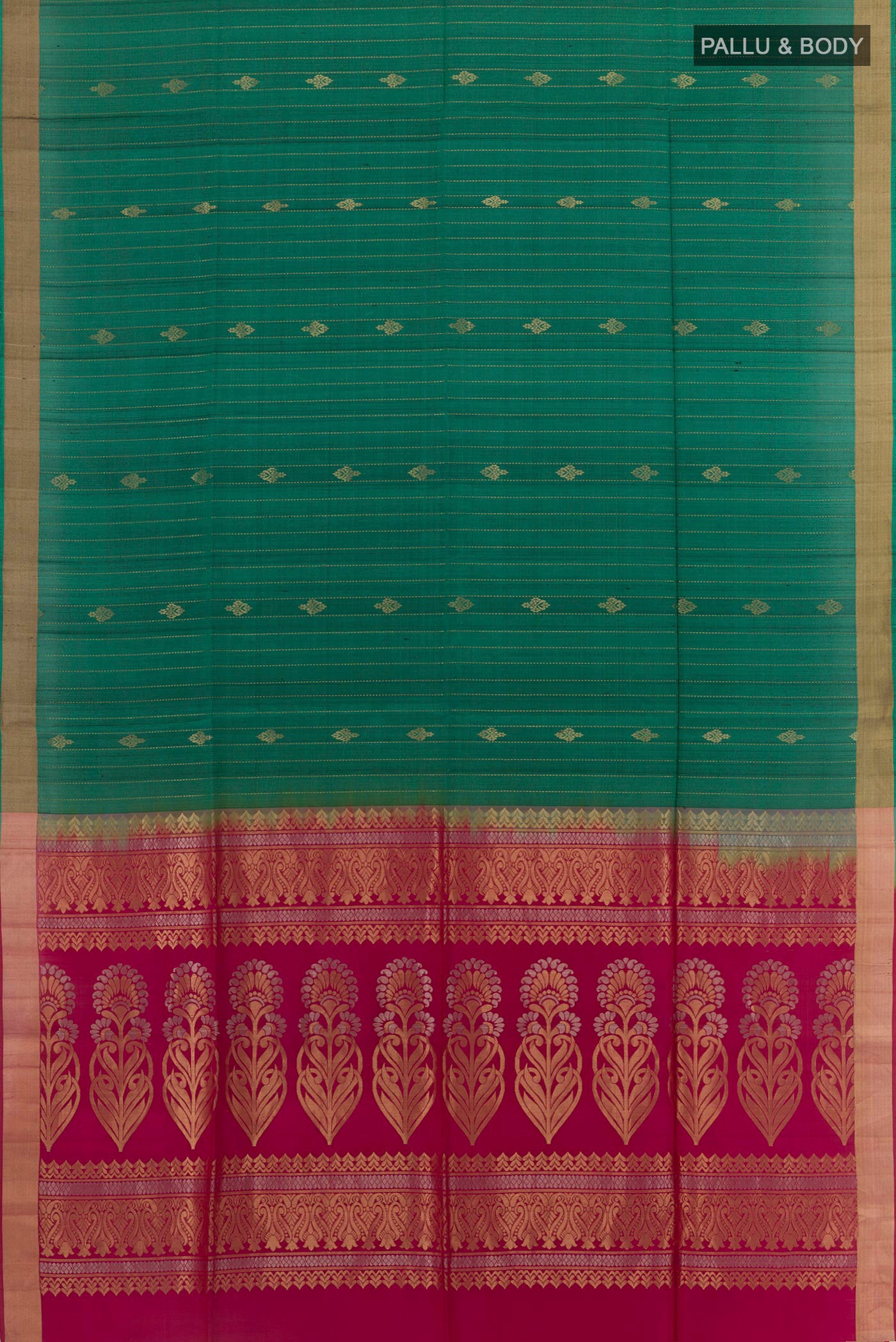 Flat view of Green Soft Silk Saree with Stripes on the body and Zari Border. 