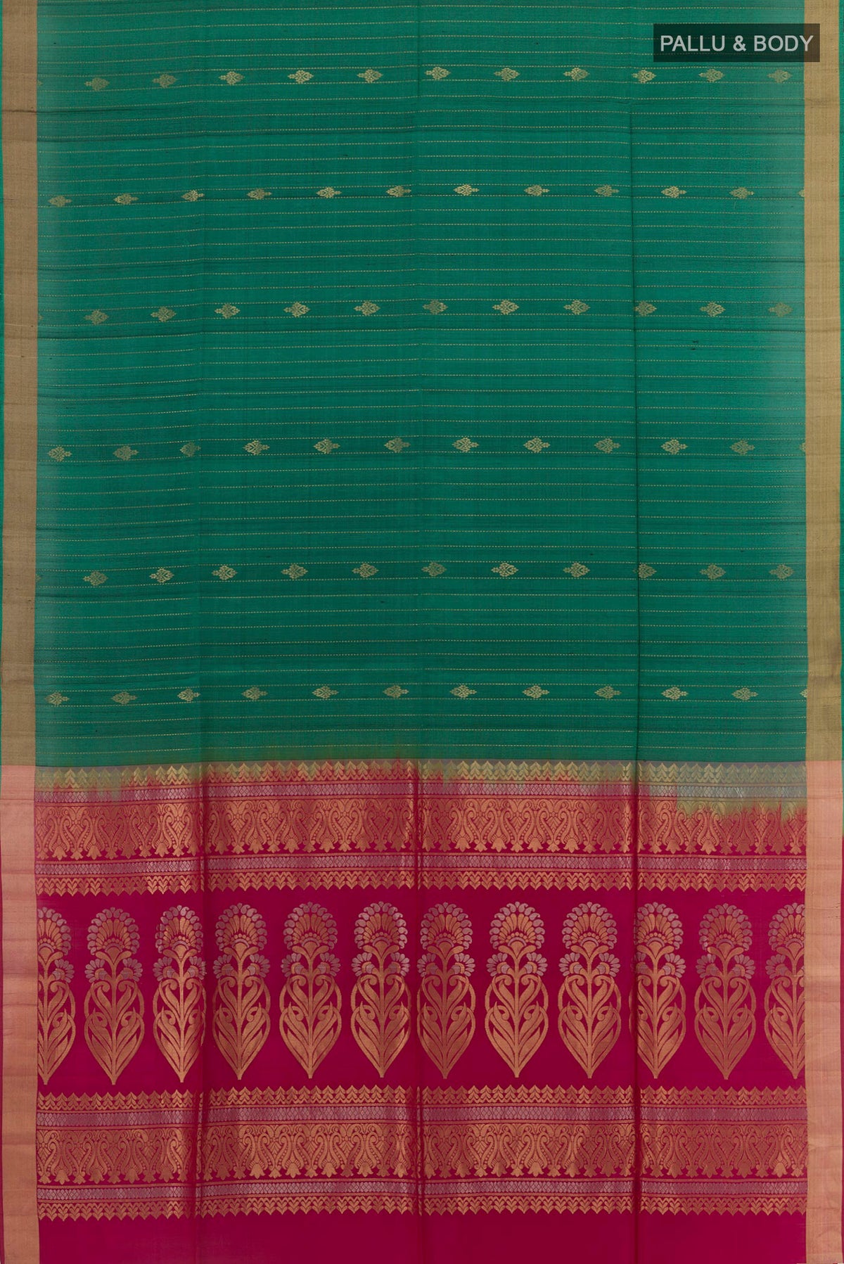 Flat view of Green Soft Silk Saree with Stripes on the body and Zari Border. 