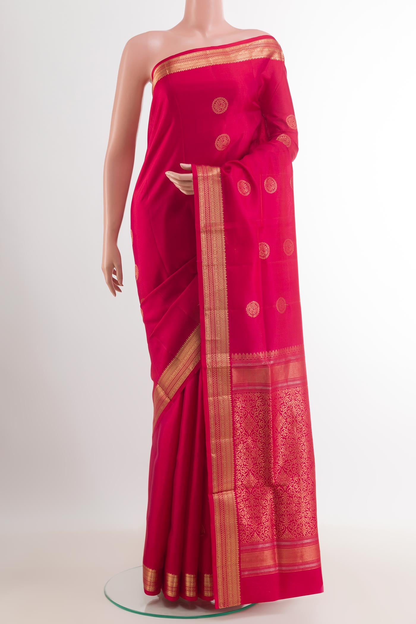 Red Dual Tone Soft Silk Saree with Zari Butta on the body and Zari Border.  displayed on a mannequin