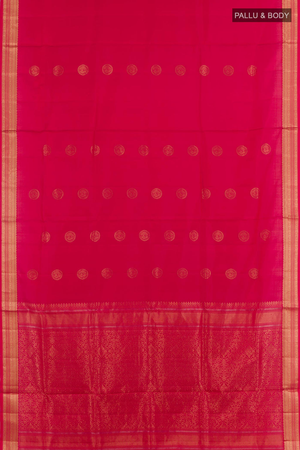 Flat view of Red Dual Tone Soft Silk Saree with Zari Butta on the body and Zari Border. 