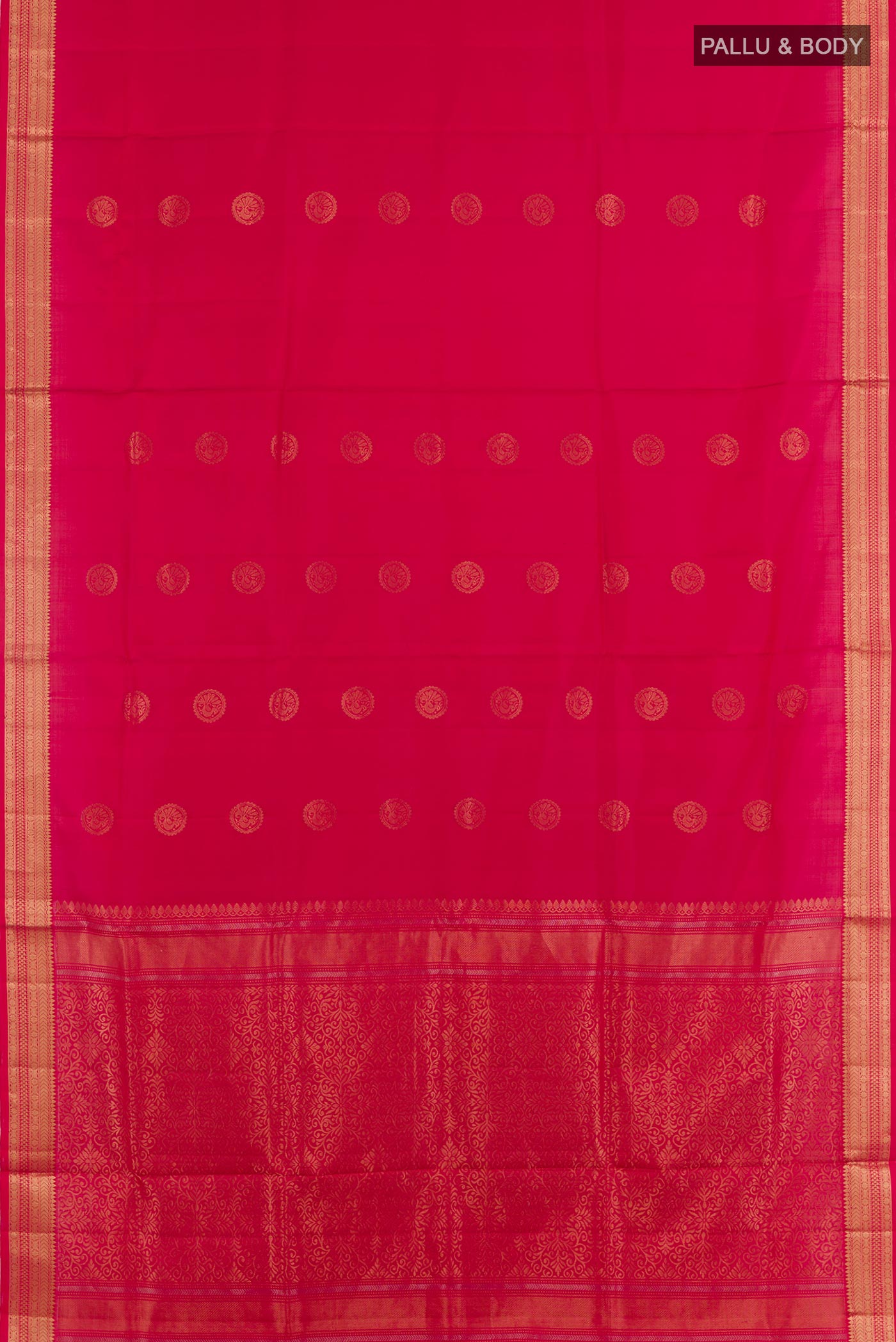Flat view of Red Dual Tone Soft Silk Saree with Zari Butta on the body and Zari Border. 