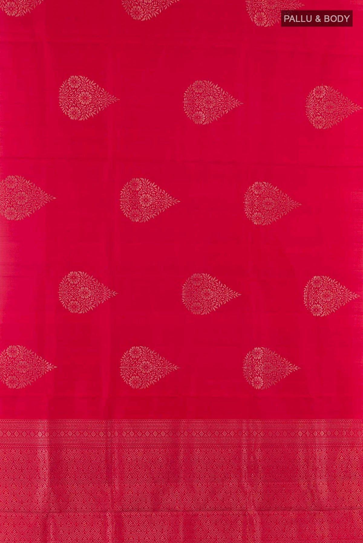 Flat view of Red Soft Silk Saree with Zari Butta on the body and Zari Border