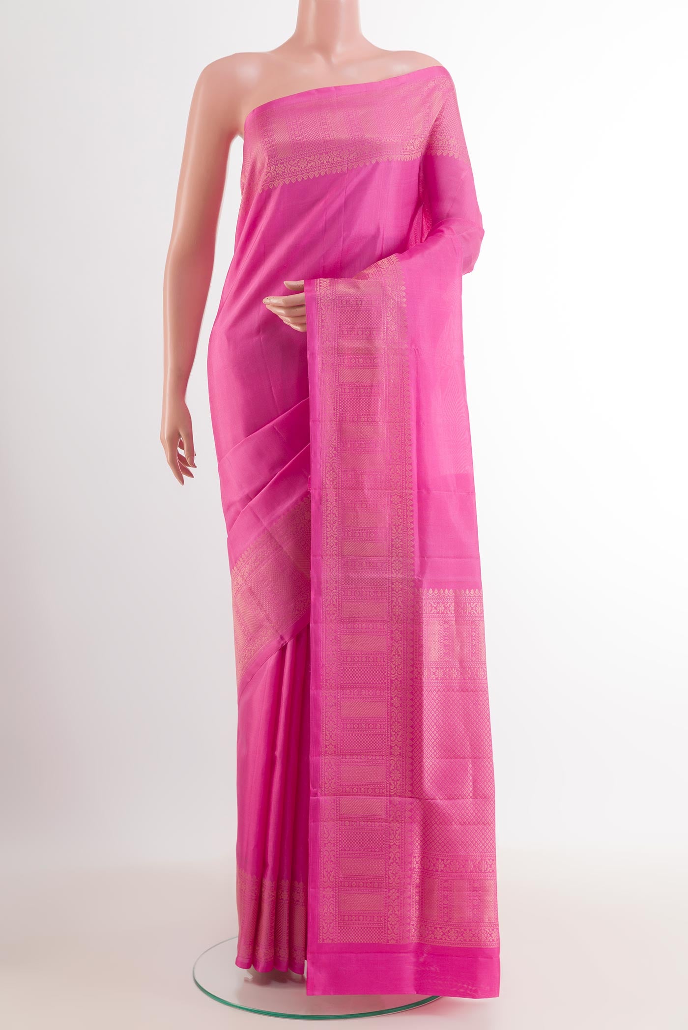 Pink Dual Tone Soft Silk Saree with Plain Body and Zari Border.  displayed on a mannequin