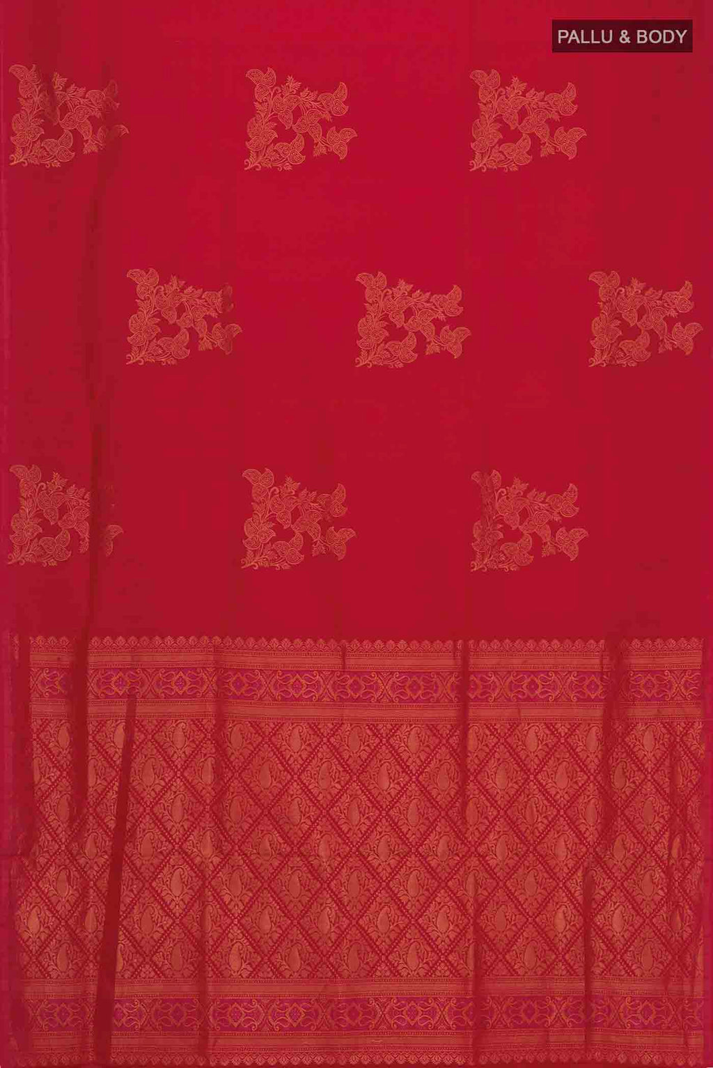 Flat view of Maroon Soft Silk Saree with Zari Butta on the body and Zari Border