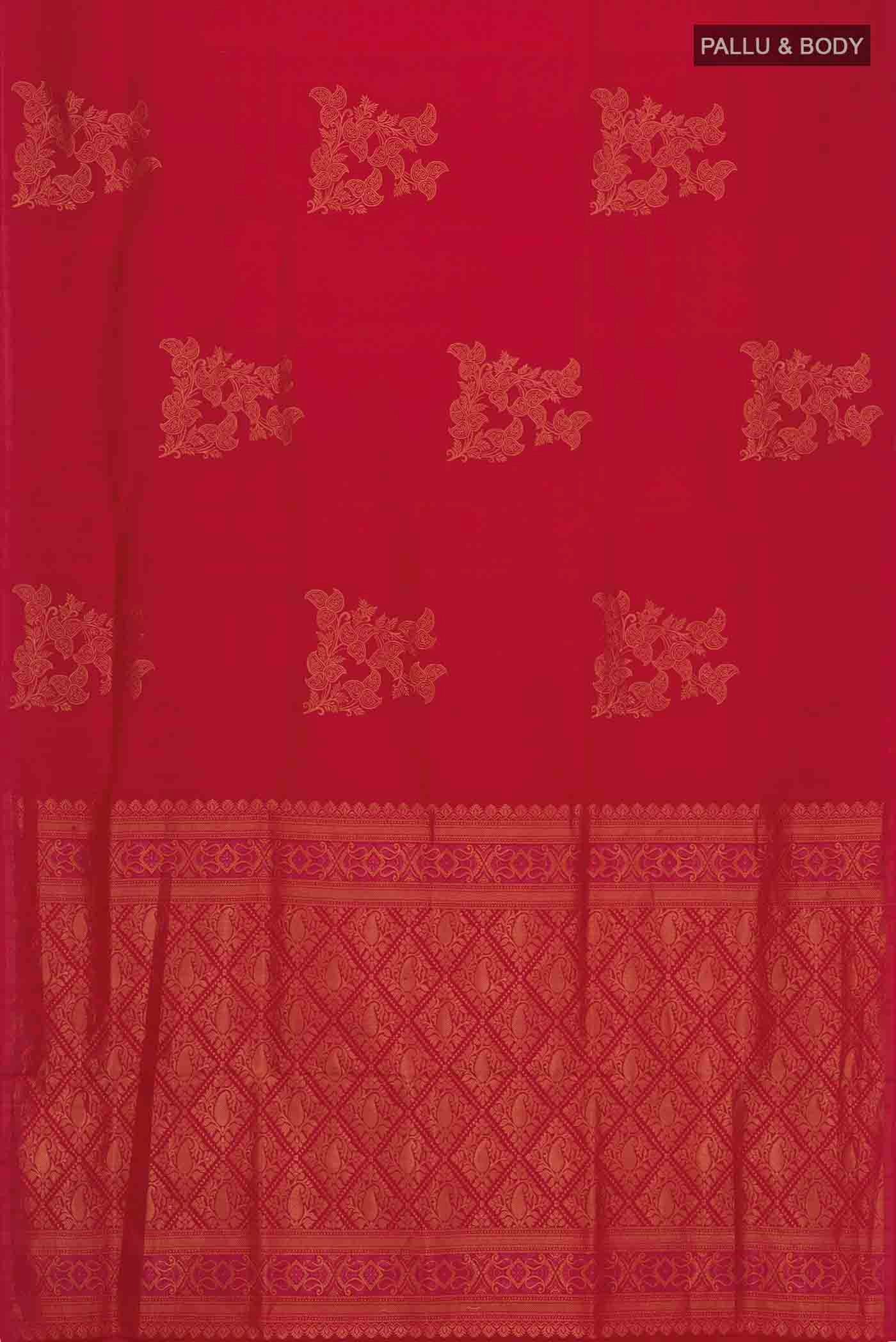 Flat view of Maroon Soft Silk Saree with Zari Butta on the body and Zari Border