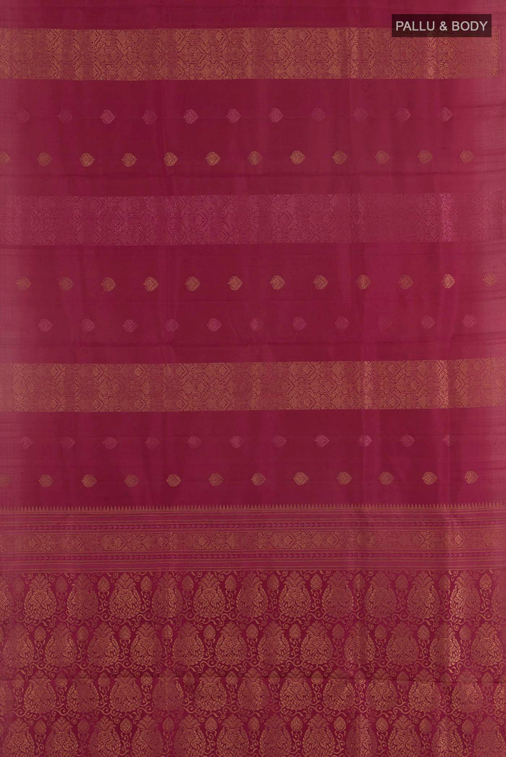 Flat view of Maroon Soft Silk Saree with Zari Butta on the body and Without Border