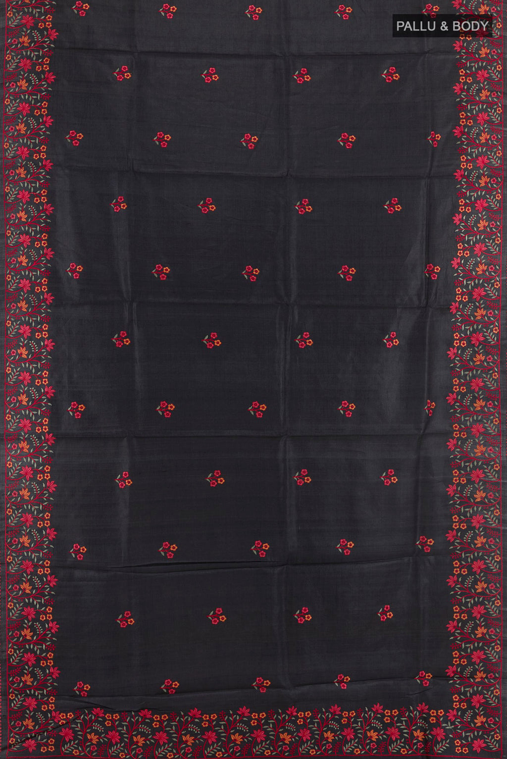 Flat view of Black Tussar Saree with Thread Butta on the body and Embroidery Border. 