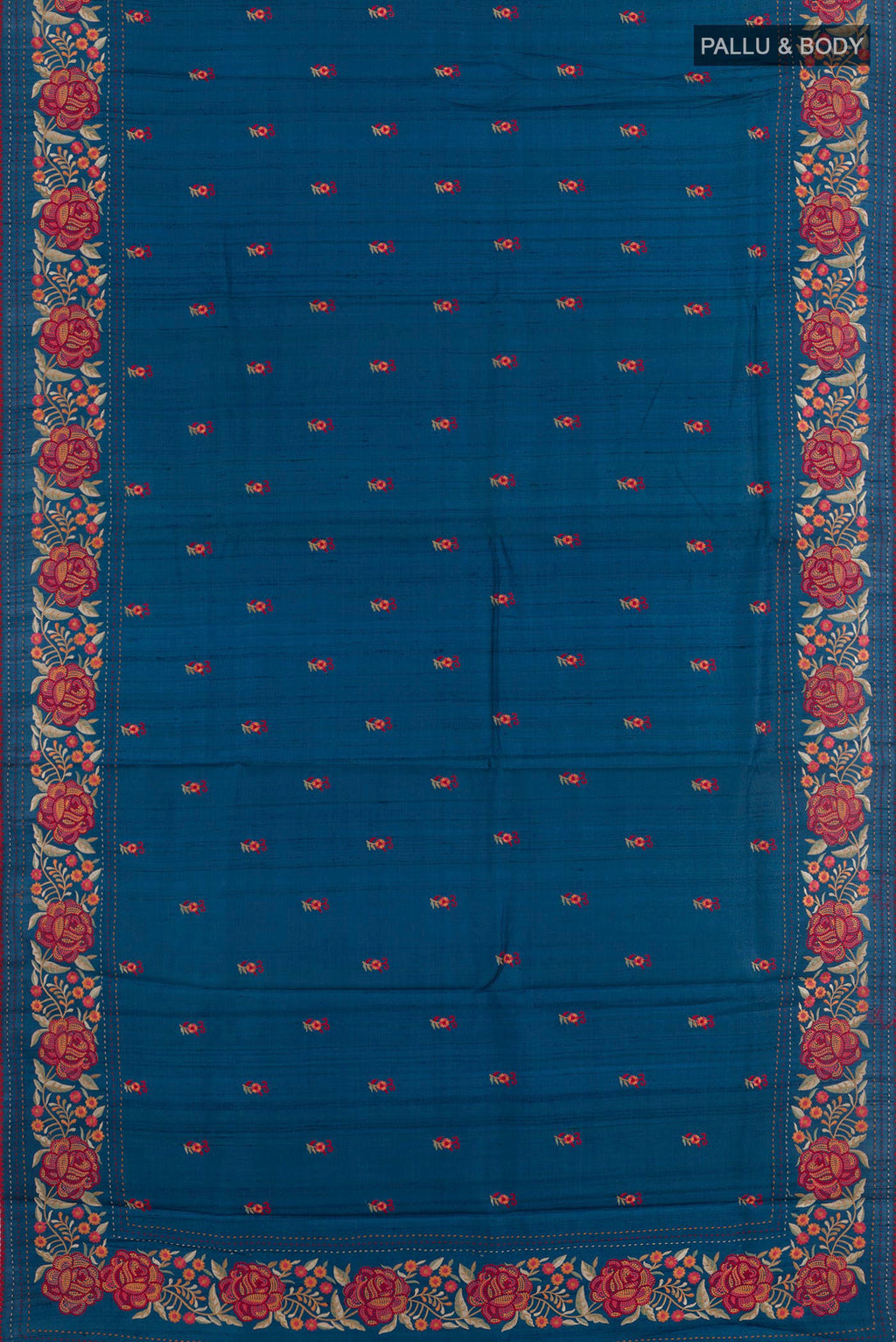 Flat view of Blue Tussar Saree with Thread Butta on the body and Embroidery Border. 