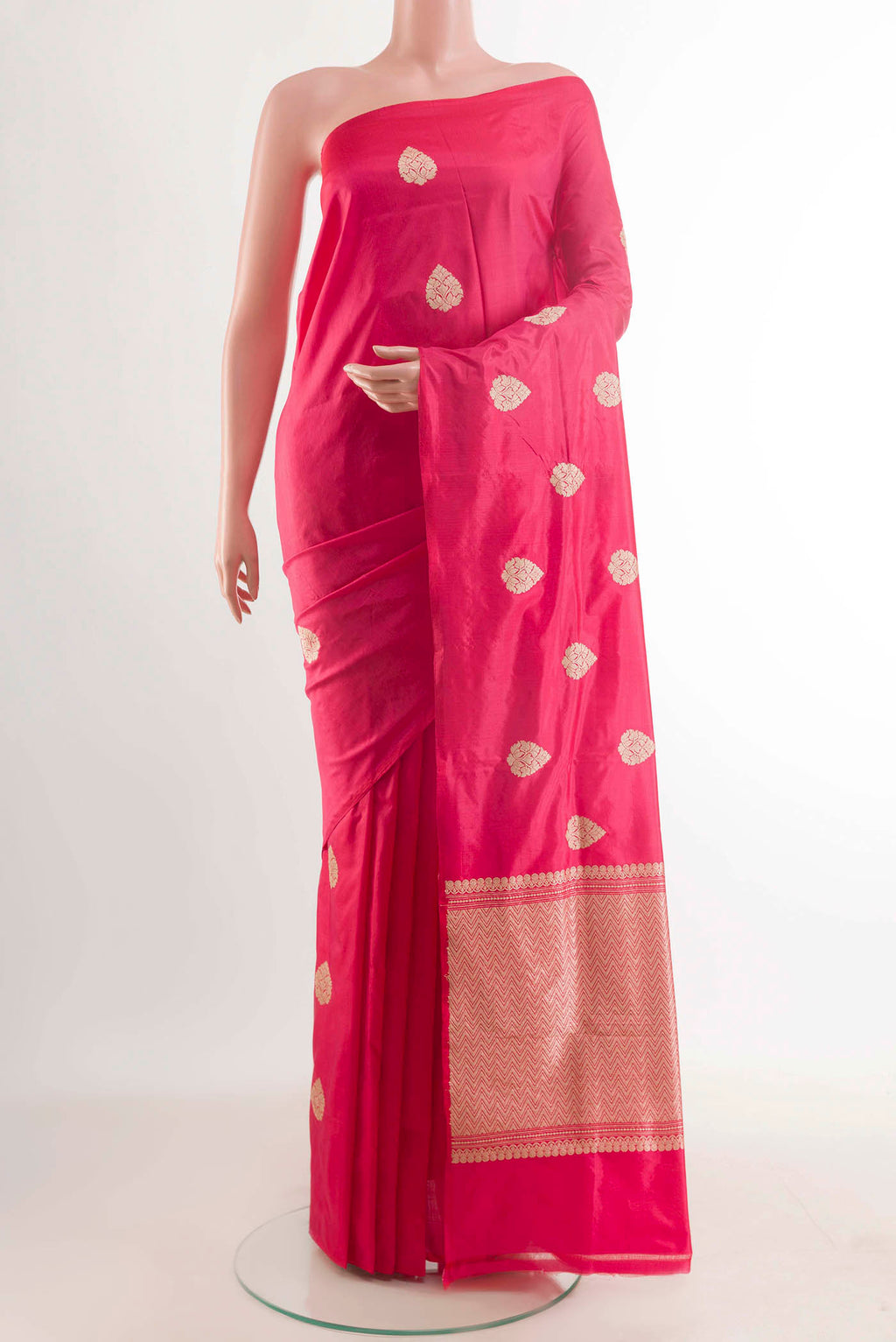 Pink Dual Tone Banarasi Katan Silk Saree with Zari Butta on the body and Zari Border displayed on a mannequin