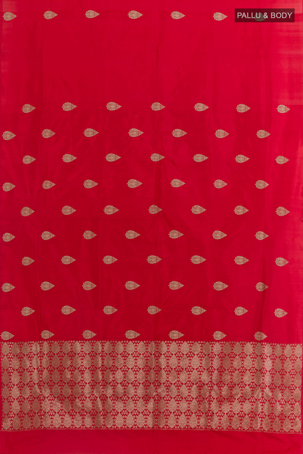 Flat view of Red Banarasi Katan Silk Saree with Zari Butta on the body and Without Border. 