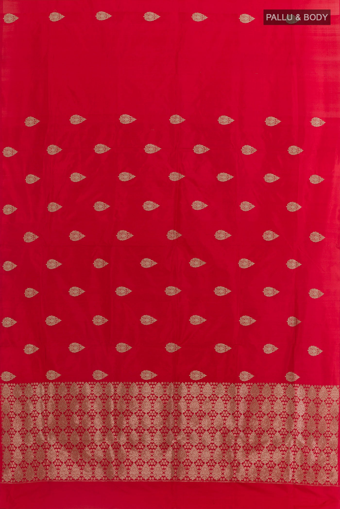 Flat view of Red Banarasi Katan Silk Saree with Zari Butta on the body and Without Border. 